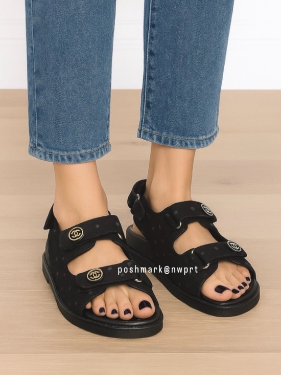 CHANEL Shoes - CHANEL CC Logo Dad Sandals Black Denim Polka Dot 36.5 7